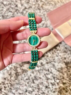 Green Malachite Beaded Bracelet Watch with Gold & Crystal Accents